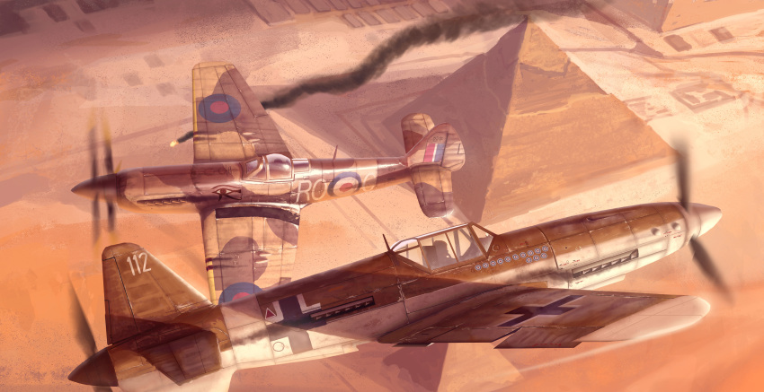 absurdres, aerial_battle, airplane, battle, canopy, desert, dogfight, egypt