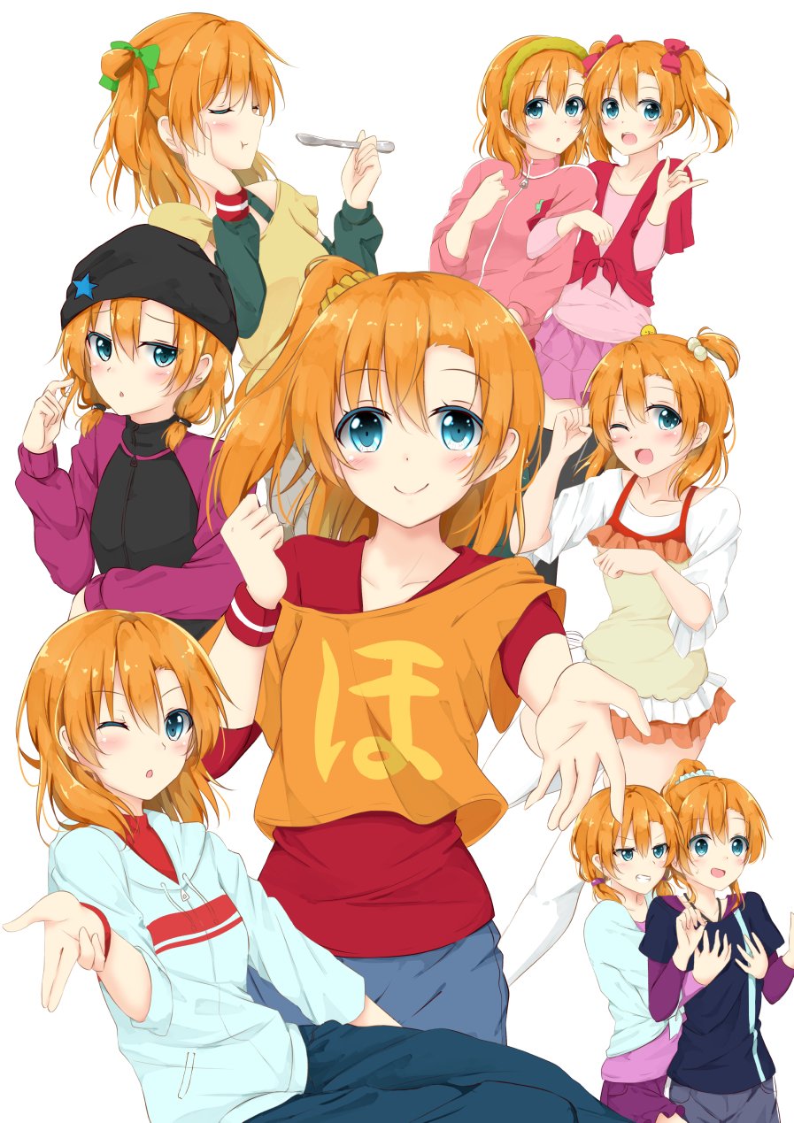 \m/, ayase_eli, ayase_eli_(cosplay), blue_eyes, breast_grab, closed_eyes, eating, grin