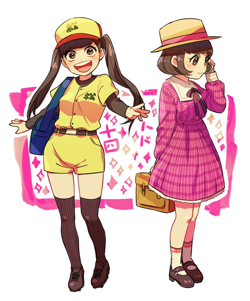 2girls, :3, :d, arm_at_side, bag, bangs, baseball_cap, baseball_uniform, bbadam, belt, black_ribbon, black_shoes, brown_eyes, brown_hair, cross-laced_footwear, dress, full_body, genderswap, handbag, hat, kneehighs, legs_apart, legs_together, long_hair, long_sleeves, looking_at_viewer, mary_janes, matsuno_juushimatsu, matsuno_todomatsu, multiple_girls, neck_ribbon, open_mouth, osomatsu-kun, osomatsu-san, outstretched_arms, pink_dress, plaid, plaid_dress, ribbon, shirt, shoes, short_hair, short_over_long_sleeves, shorts, shoulder_bag, smile, sneakers, sportswear, standing, striped, striped_legwear, swept_bangs, talking_on_phone, thigh-highs, twintails, vertical-striped_legwear, vertical_stripes, white_background, yellow_shirt, yellow_shorts