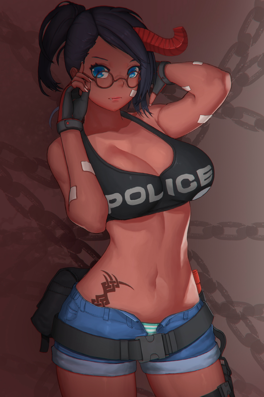 1girl, adjusting_glasses, aqua_panties, bag, bandaid, bandaid_on_arm, bangs, belt