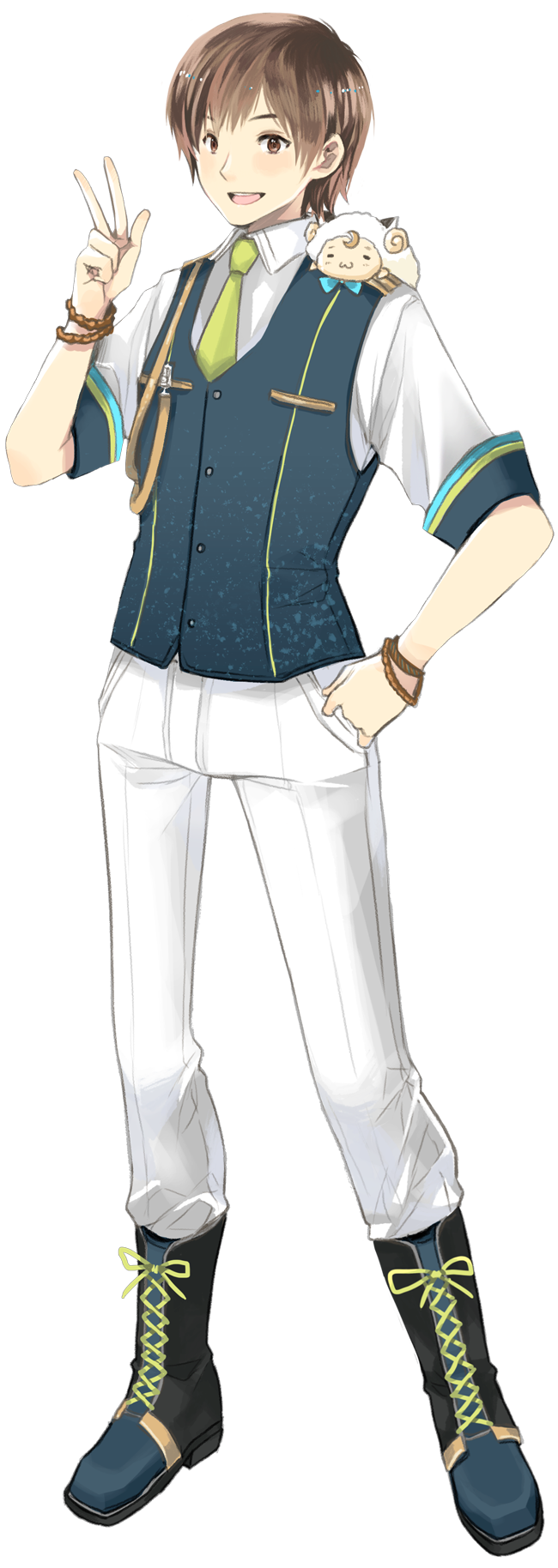 1boy, :d, amatsuki_(nico_nico_douga), boots, bowtie, bracelet, brown_eyes, brown_hair, chris4708, cross-laced_footwear, dress_shirt, full_body, hand_on_hip, highres, jewelry, lace-up_boots, looking_at_viewer, mascot, niconico, on_shoulder, open_mouth, pants, sheep, shirt, short_hair, short_sleeves, smile, solo, strap, transparent_background, uniform, w, waistcoat, white_pants