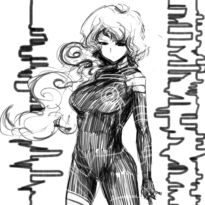 1girl, antispiral_nia, bodysuit, expressionless, hair_blowing, line_shading, long_hair, m.purin