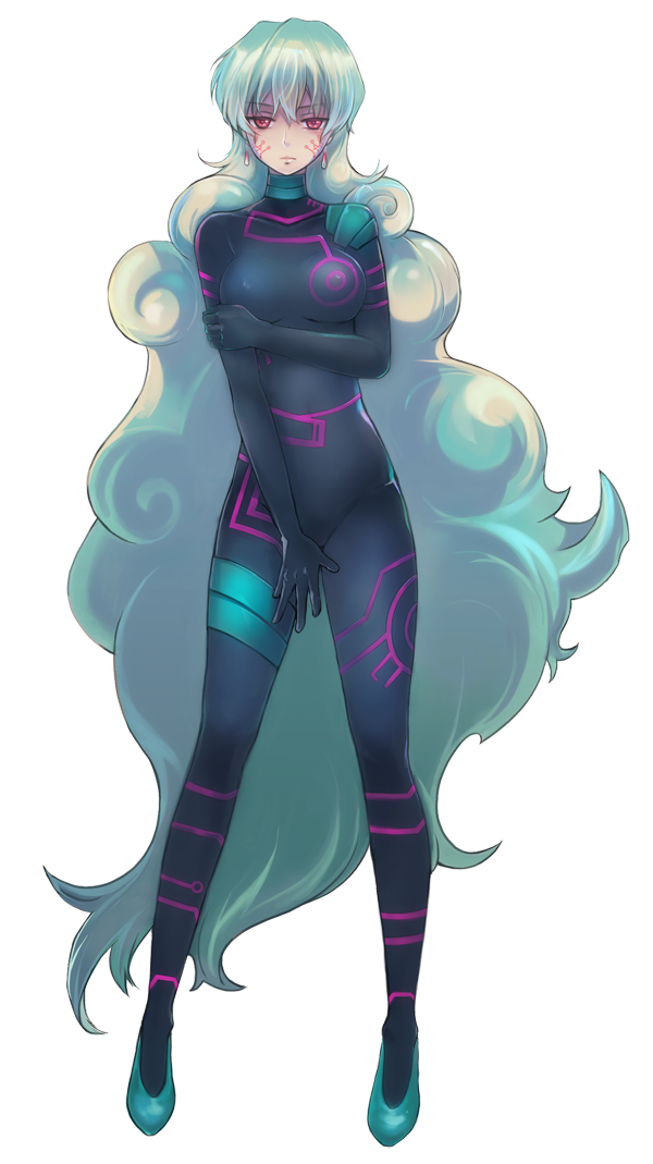 1girl, absurdly_long_hair, antispiral_nia, blue_shoes, bodysuit, covered_nipples, covering, covering_crotch, earrings, expressionless, facial_mark, facing_viewer, full_body, glowing_lines, green_hair, hand_on_own_arm, jewelry, lips, long_hair, looking_at_viewer, nia_teppelin, red_eyes, saintklein, shoes, solo, tengen_toppa_gurren_lagann, transparent_background, very_long_hair, whorled_hair