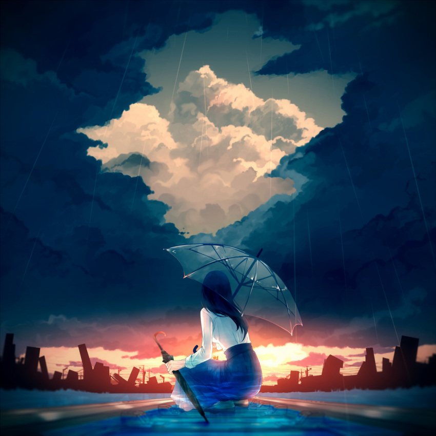 1girl, album_cover, back, black_hair, blue_skirt, building, closed_umbrella, clouds