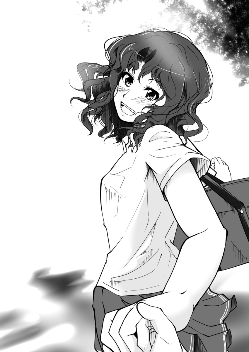 1girl, :d, amagami, bag, black_hair, blush, greyscale, highres