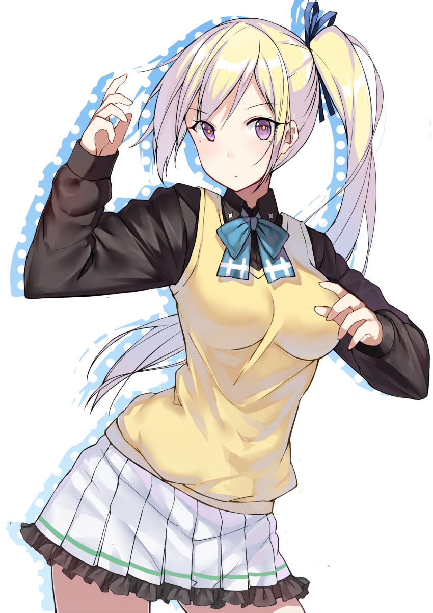 blonde_hair, highres, kawakami_mai, mole, musaigen_no_phantom_world, shi-chen, side_ponytail, skirt, sweater_vest, violet_eyes