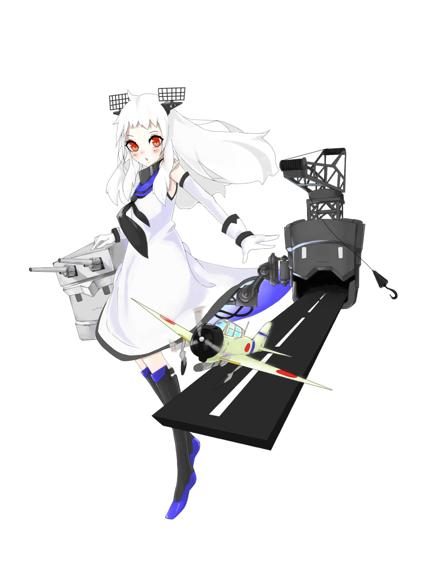 1girl, a6m_zero, absurdres, ahoge, airplane, alternate_costume, chestnut_mouth, detached_sleeves, gloves, highres, horns, kantai_collection, koppe_(sbbtpp64), long_hair, looking_at_viewer, machinery, northern_ocean_hime, pale_skin, red_eyes, school_uniform, serafuku, shinkaisei-kan, simple_background, solo, turret, white_background, white_gloves, white_hair