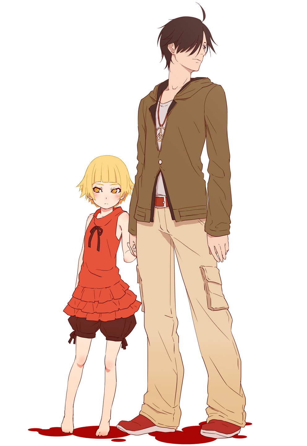 1boy, 1girl, araragi_koyomi, black_hair, blonde_hair, bloomers, dress, highres, kiss-shot_acerola-orion_heart-under-blade, kizumonogatari, monogatari_(series), peace_medal, short_hair, sjw_kazuya, standing, underwear, yellow_eyes