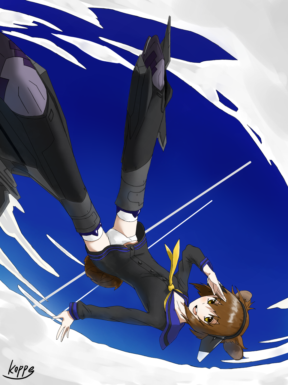 1girl, blue_sky, brown_eyes, brown_hair, crossover, ffr-41mr, hamster_ears, hamster_tail