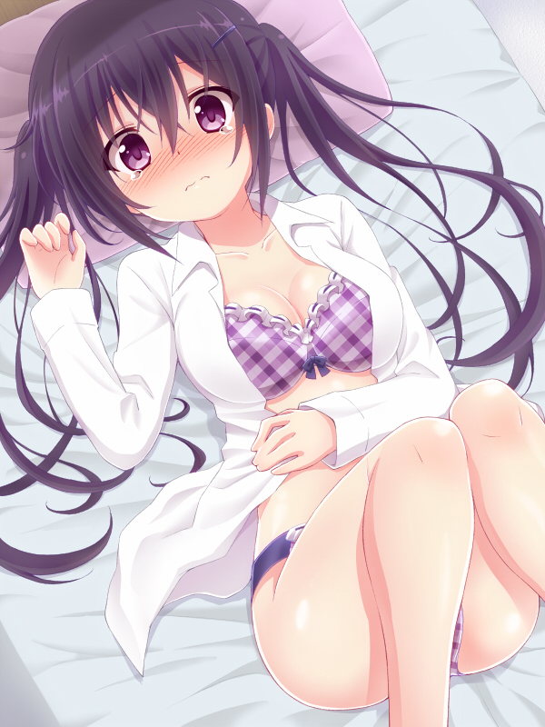 1girl, blush, bow, bow_bra, bra, breasts, cleavage, dress_shirt