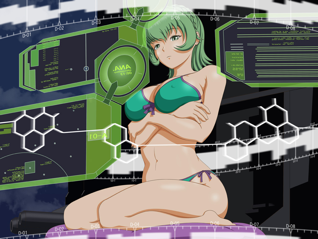 1girl, aoki_hagane_no_arpeggio, bikini, braid, green_eyes, green_hair, nachi_(aoki_hagane_no_arpeggio), seiza