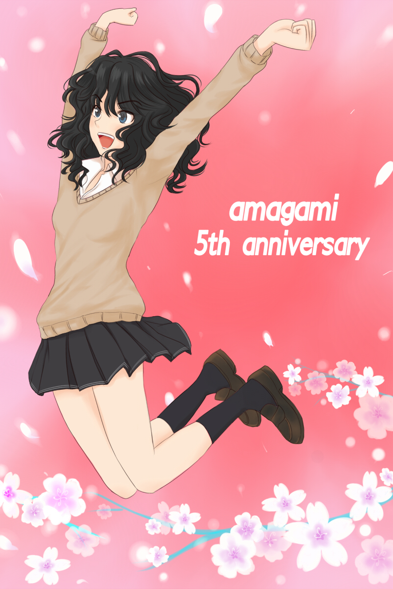 1girl, amagami, anniversary, arms_up, black_eyes, black_hair, black_legwear, black_skirt