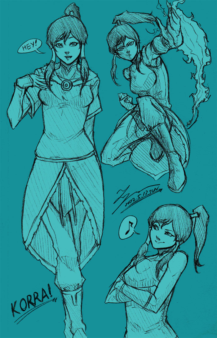 avatar:_the_last_airbender, character_name, crossed_arms, dated, fighting_stance, fire, hatching_(texture), korra