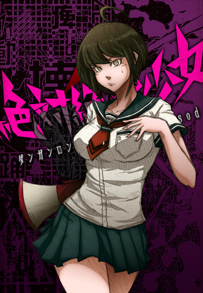 1girl, absurdres, ahoge, axe, black_hair, bob_cut, breasts, brown_eyes