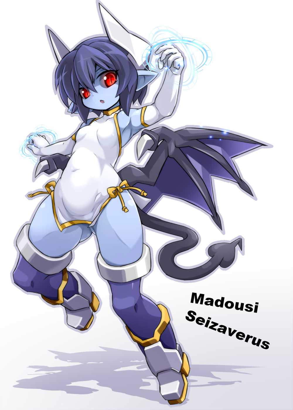 1girl, armpits, bare_shoulders, black_hair, black_sclera, blue_skin, character_name, china_dress, chinese_clothes, demon_girl, demon_horns, demon_tail, demon_wings, dress, elbow_gloves, gloves, highres, horns, karukan_(monjya), looking_at_viewer, low_wings, open_mouth, pointy_ears, purple_legwear, red_eyes, seizaverus, shadow, shinrabanshou, short_dress, short_hair, solo, tail, thigh-highs, white_gloves, wings