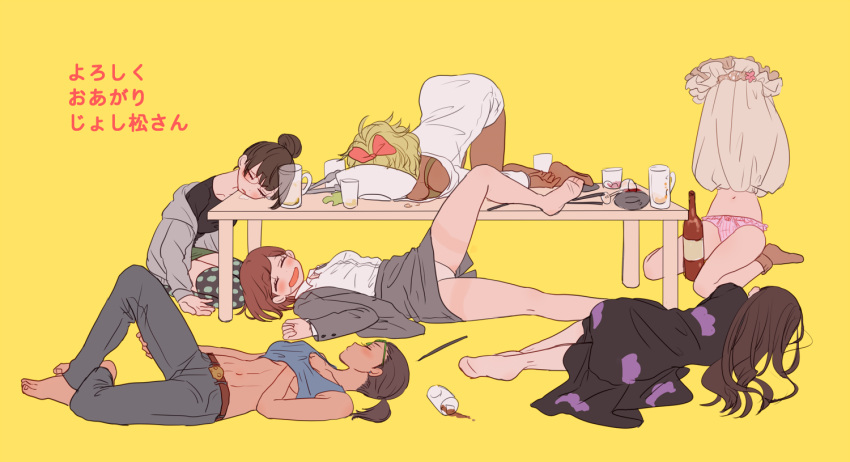 6+girls, ^_^, back, bangs, barefoot, black_dress, black_hair, blonde_hair