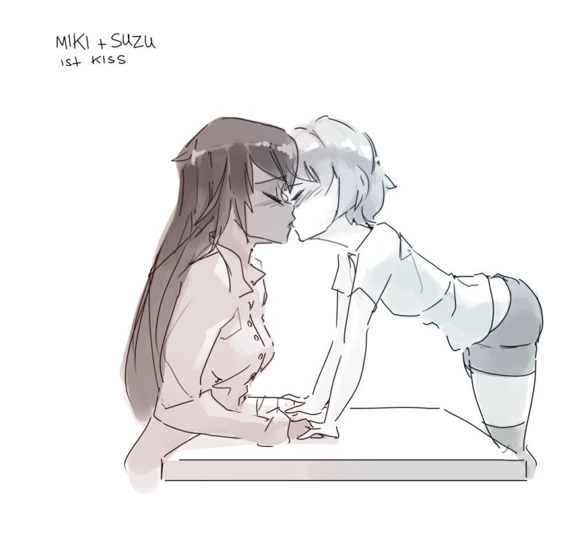 2girls, blush, brown_hair, closed_eyes, couple, dark_skin, desk, dress_shirt