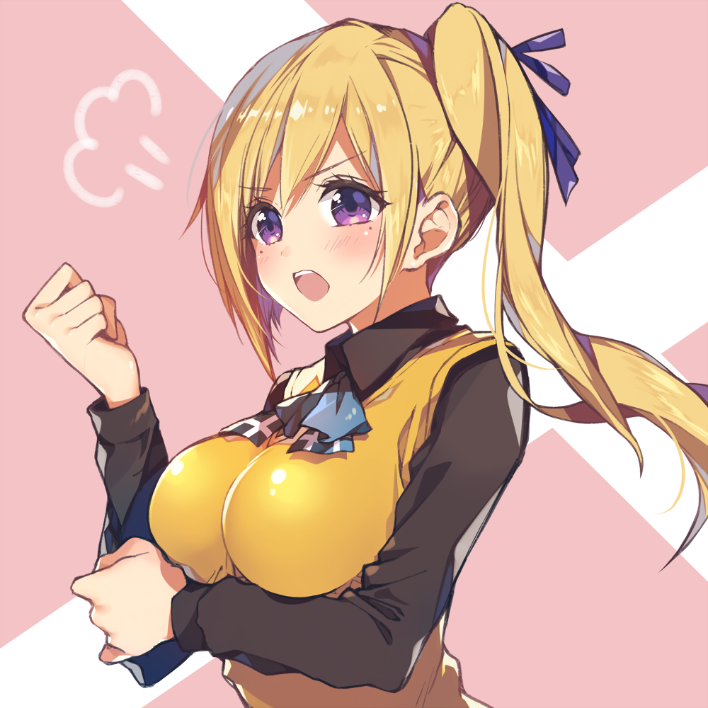 1girl, black_shirt, blonde_hair, breast_hold, breasts, clenched_hand, cravat, eyebrows