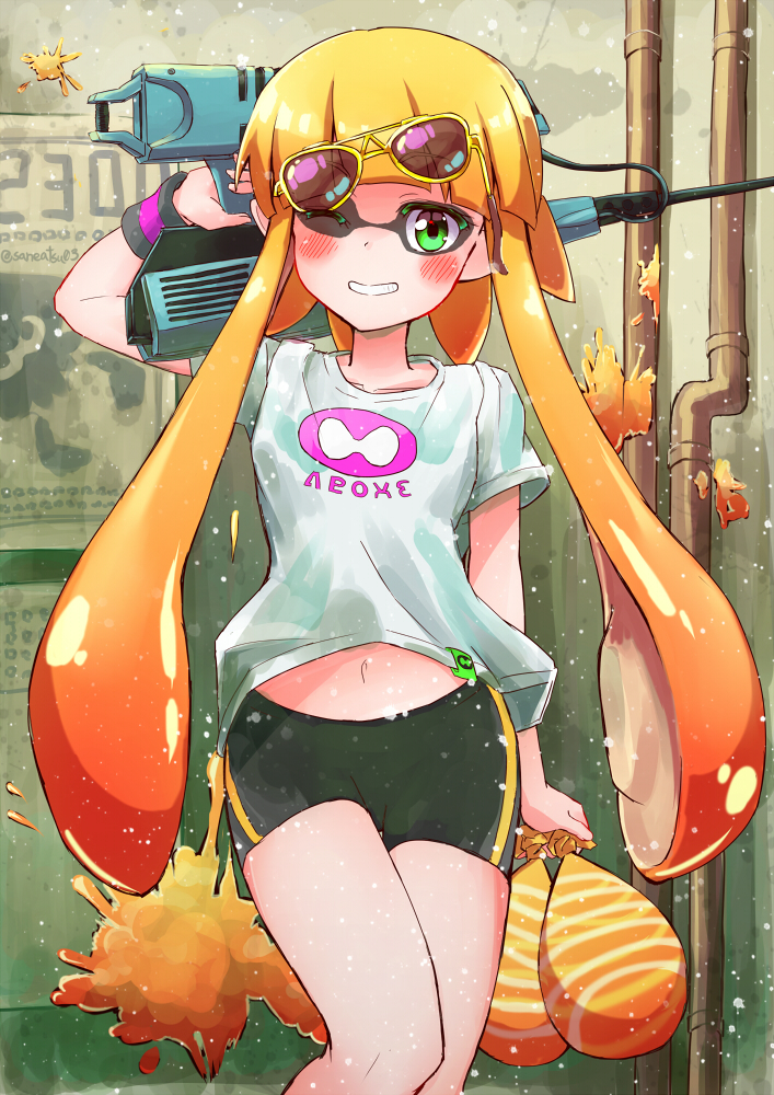 1girl, bike_shorts, cowboy_shot, domino_mask, green_eyes, grin, holding_weapon, inkling