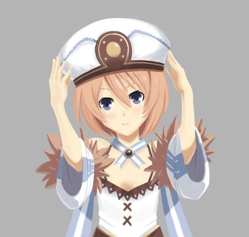 1girl, bare_shoulders, blanc, blue_eyes, blush, brown_hair, enmouno, hat