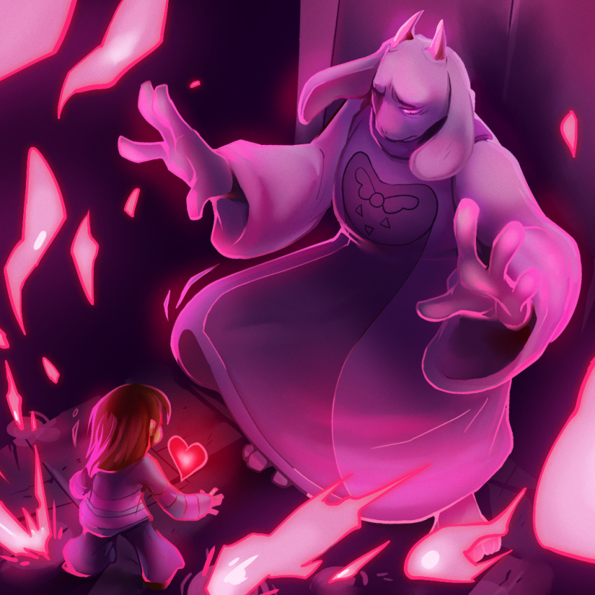 1girl, androgynous, brown_hair, fire, frisk_(undertale), frown, goat_ears, heart