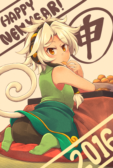 1girl, 2016, blonde_hair, headphones, kuromiya, mikisaka_sasara, monkey_tail, new_year