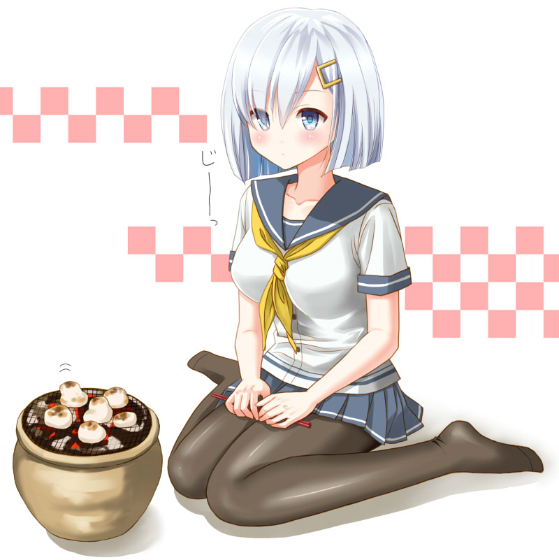 1girl, black_legwear, blue_eyes, blush, chopsticks, food, full_body, grilling