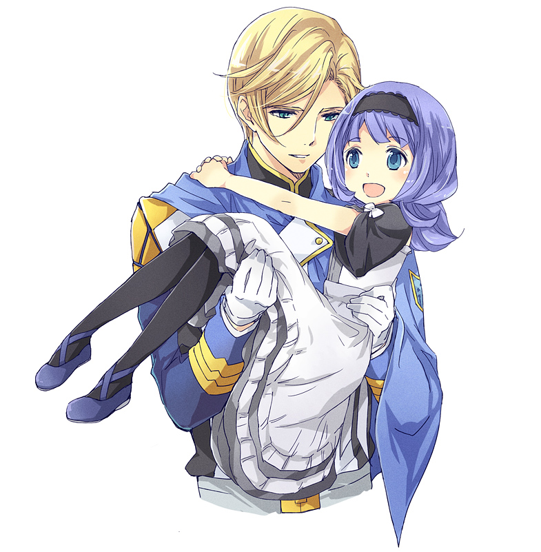 1by, 1girl, age_difference, almiria_bauduin, black_legwear, blonde_hair, blue_eyes, cape