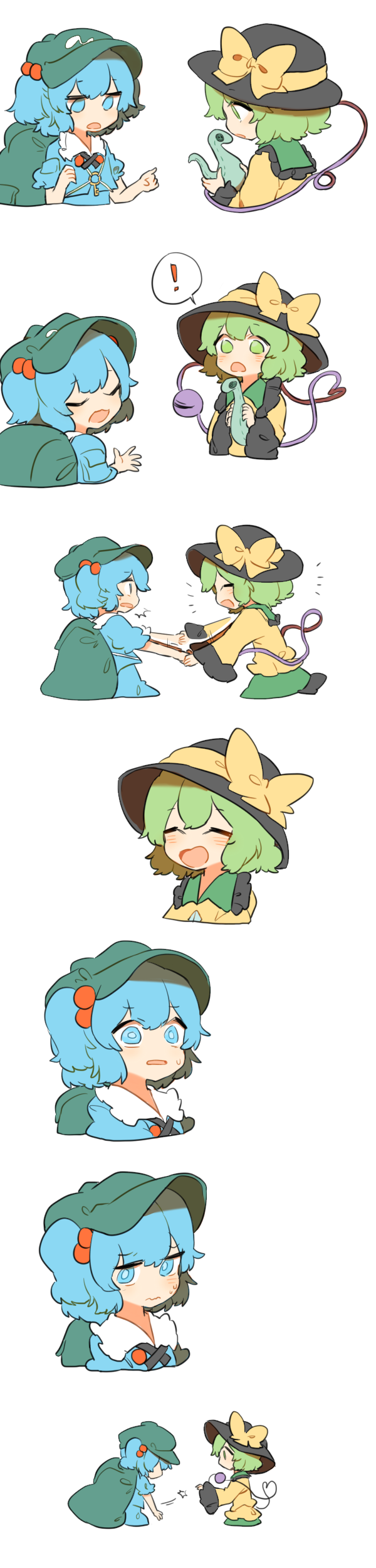 absurdres, backpack, bag, blue_eyes, blue_hair, comic, eyeball, green_eyes, green_hair, hair_bobbles, hair_ornament, hat, hat_ribbon, highres, kawashiro_nitori, key, komeiji_koishi, loch_ness_monster, long_image, misha_(hoongju), multiple_girls, open_mouth, ribbon, short_hair, silent_comic, smile, stuffed_animal, stuffed_toy, tall_image, third_eye, touhou, twintails, two_side_up