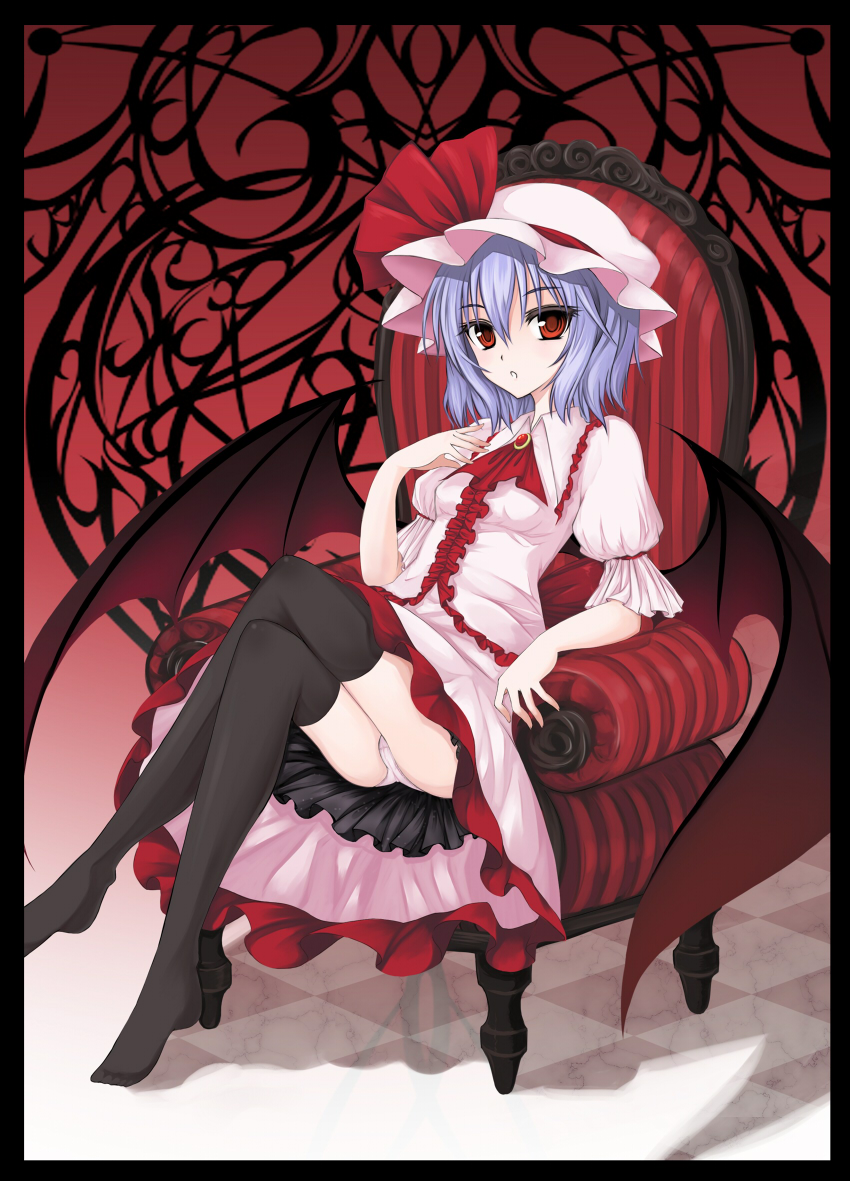 armchair, bat_wings, black_legwear, blue_hair, border, crossed_legs, feet, hand_on_own_chest