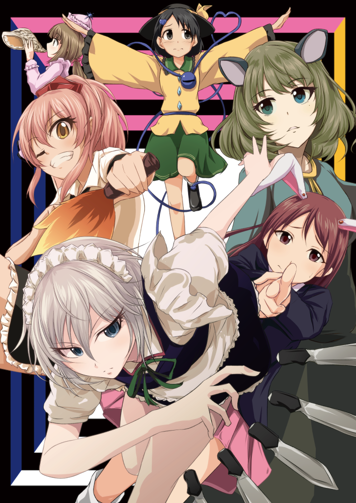 6+girls, anastasia_(idolmaster), animal_ears, blue_eyes, braid, brown_eyes, brown_hair, cosplay