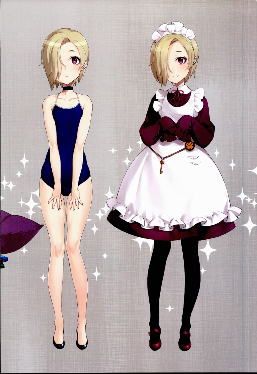 1girl, absurdres, alternate_costume, apron, bags_under_eyes, black_legwear, blonde_hair, blush, choker, dress, earrings, enmaided, hair_over_one_eye, highres, idolmaster, idolmaster_cinderella_girls, jewelry, key, looking_at_viewer, maid, maid_apron, maid_headdress, one-piece_swimsuit, ooyari_ashito, open_mouth, red_eyes, scan, school_swimsuit, shirasaka_koume, shoes, short_hair, sleeves_past_wrists, smile, solo, swimsuit