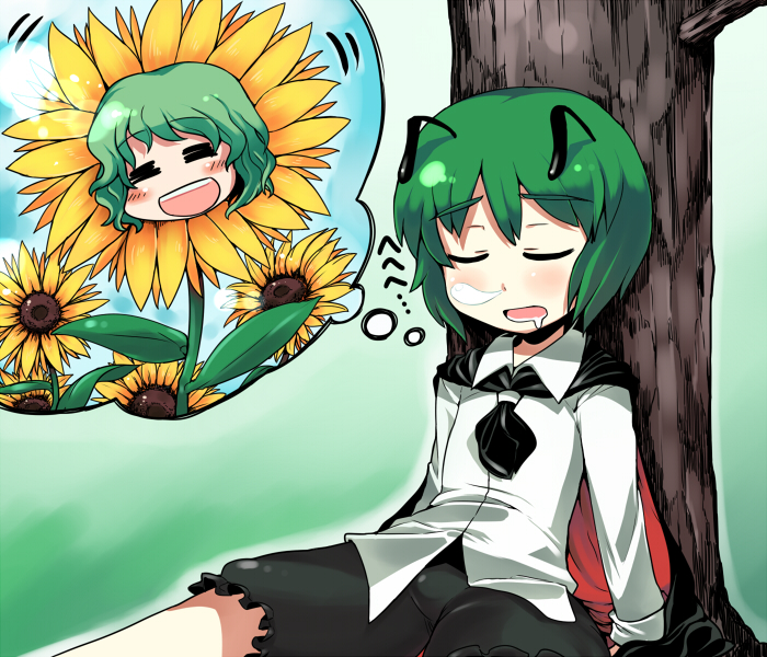 antenna, antennae, cape, closed_eyes, dreaming, drooling, flower, green_hair