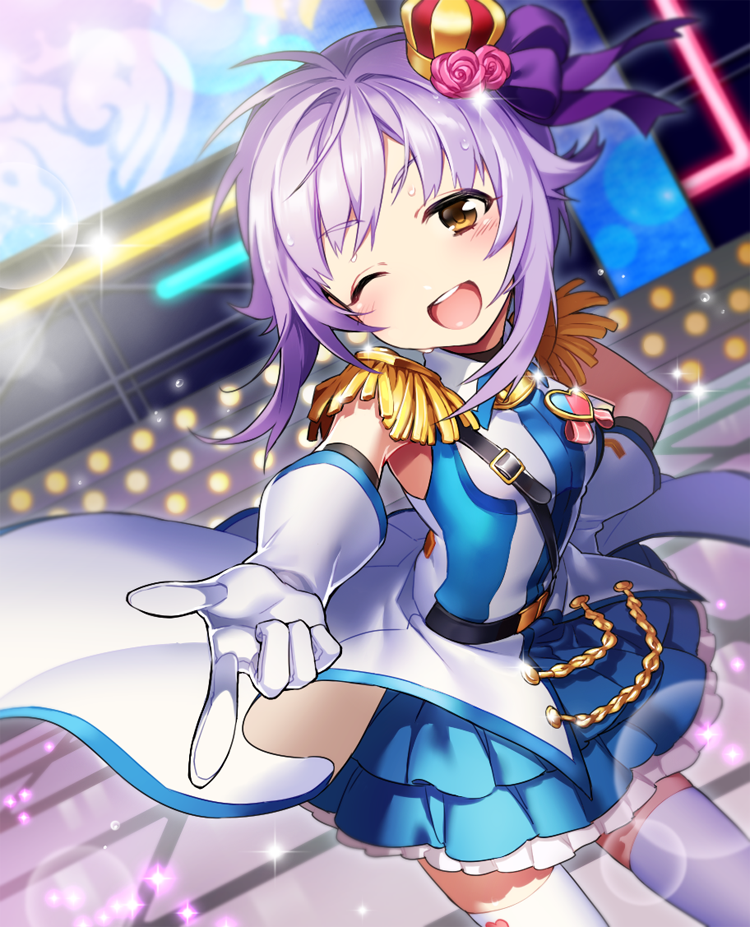 1girl, blush, brown_eyes, crown, crystal_night_party, dress, epaulettes, hair_ornament, idolmaster, idolmaster_cinderella_girls, koshimizu_sachiko, mini_crown, open_mouth, purple_hair, short_hair, smile, solo, thigh-highs, zn_(zzzzzni)