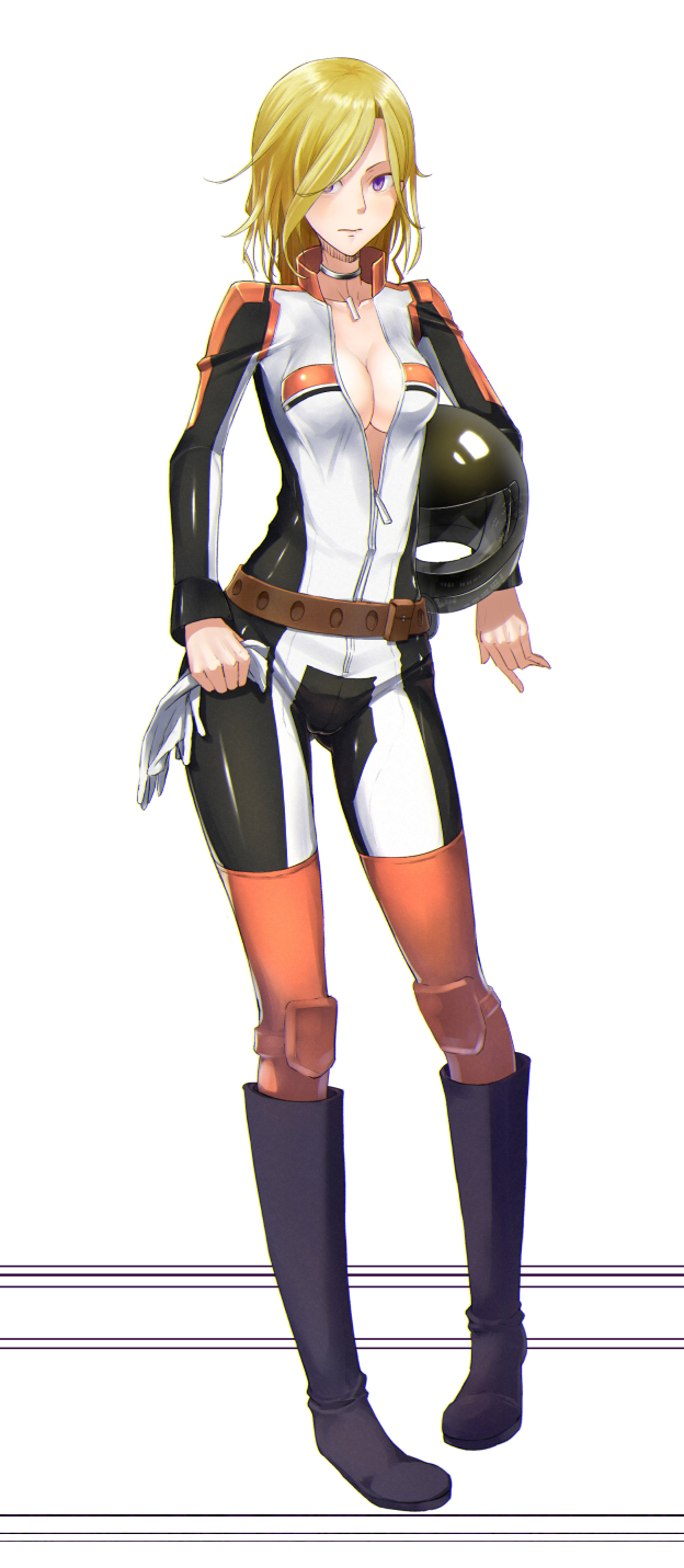 1girl, belt, blonde_hair, blue_eyes, bodysuit, boots, breasts, choker
