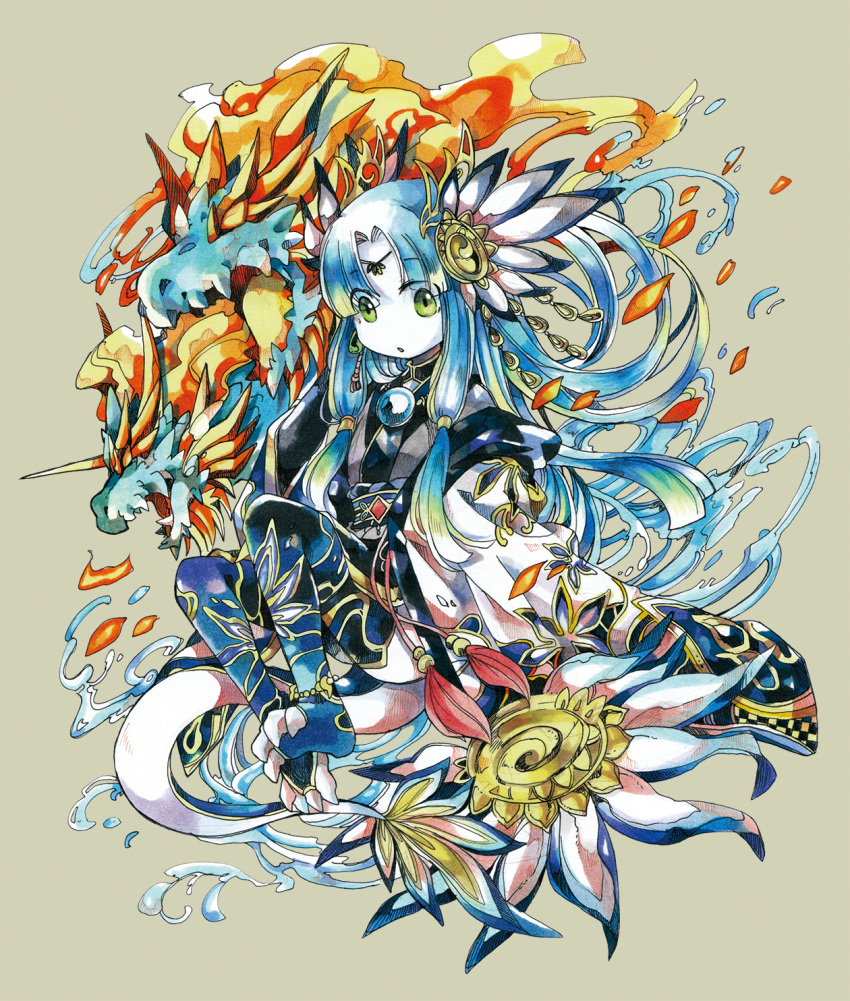 1girl, adjusting_hair, anklet, blue_hair, circlet, claws, dragon, dragon_girl