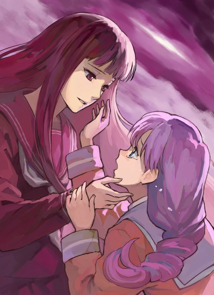 2girls, atlach-nacha, black_hair, braid, eye_contact, hirasaka_hatsune, long_hair, looking_at_another