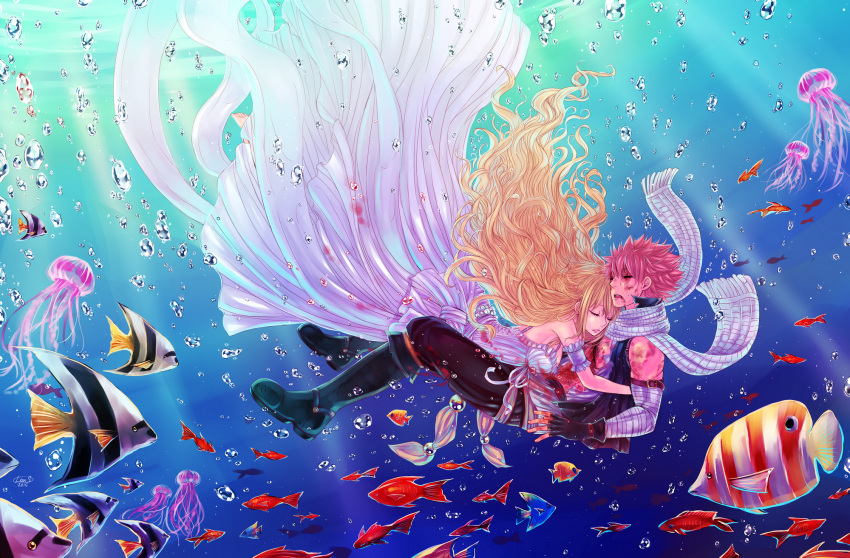 1boy, 1girl, bandages, blonde_hair, blood, bubble, closed_eyes, dress