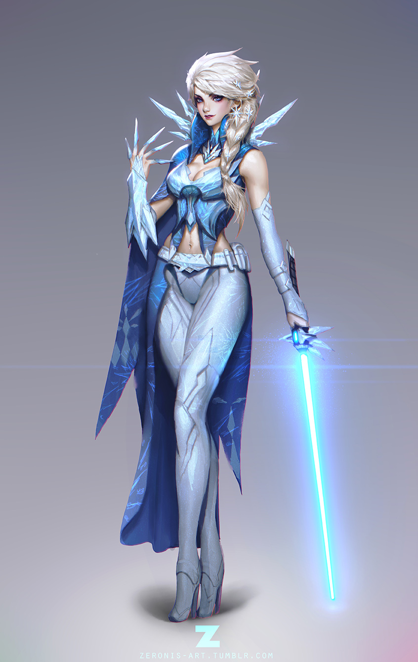 1girl, blonde_hair, blue_eyes, braid, elsa_(frozen), energy_sword, fingernails, frozen_(disney)