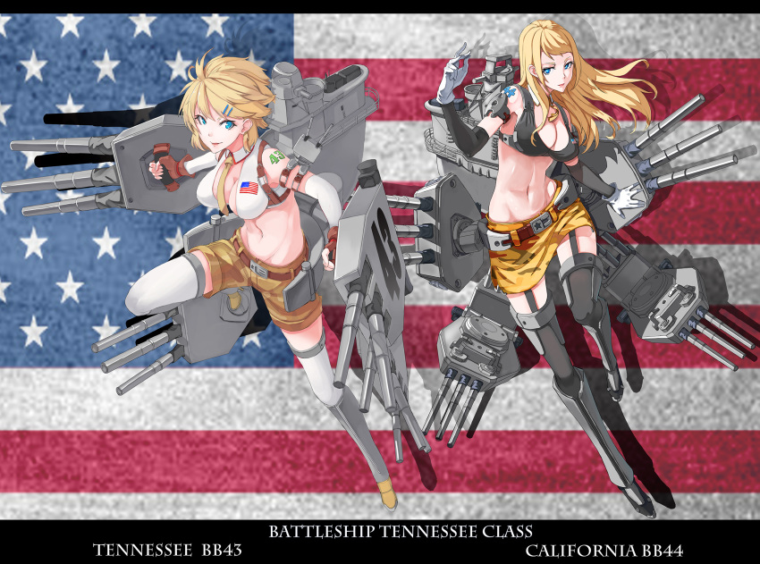 2girls, american_flag, blonde_hair, blue_eyes, breasts, california_(zhan_jian_shao_nyu), english, groin