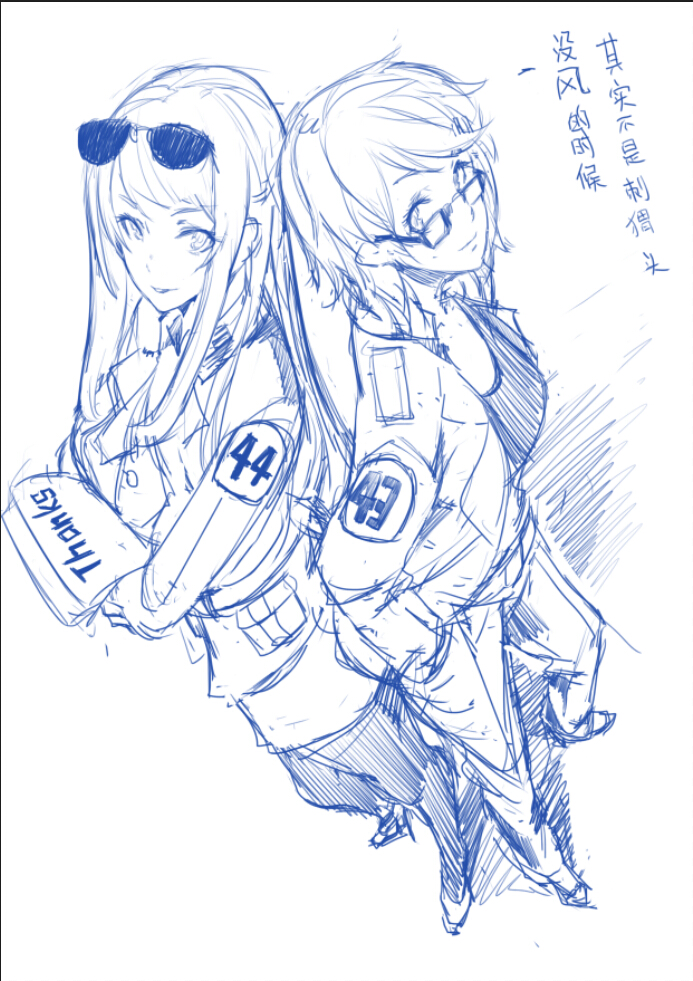 2girls, back-to-back, california_(zhan_jian_shao_nyu), chinese, glasses, hikari123456, jacket, long_hair