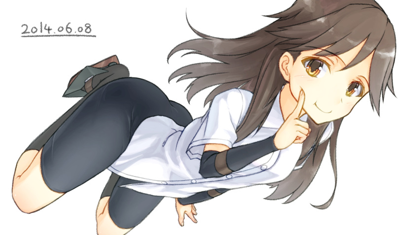 1girl, 2014, arashio_(kantai_collection), bike_shorts, brown_eyes, brown_hair, highres, kantai_collection, long_hair, no_skirt_over_shorts, pleated_skirt, school_uniform, shirt, skirt, smile, suspenders, urepito_honke
