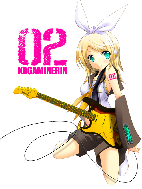 blonde_hair, fender, guitar, hair_ornament, hair_ribbon, hairclip, headphones, instrument