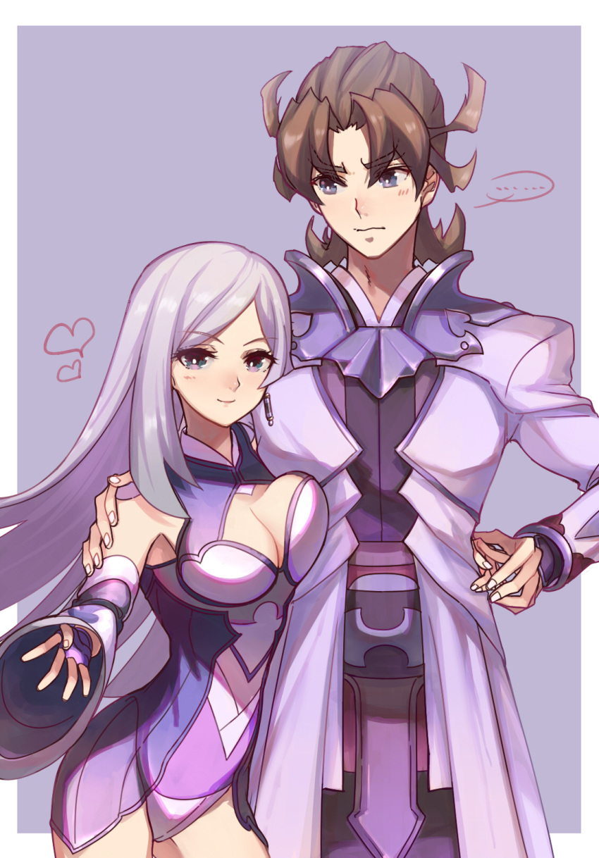 ..., 1boy, 1girl, blush, breast_press, breasts, brown_hair, cleavage, cleavage_cutout, couple, garo:guren_no_tsuki, garo_(series), green_eyes, hand_on_another's_shoulder, heart, highres, holding_hands, japanese_clothes, liangchanxingmingrixiang, long_hair, looking_at_viewer, purple_hair, raikou_(garo:guren_no_tsuki), seimei_(garo:guren_no_tsuki), smile, violet_eyes