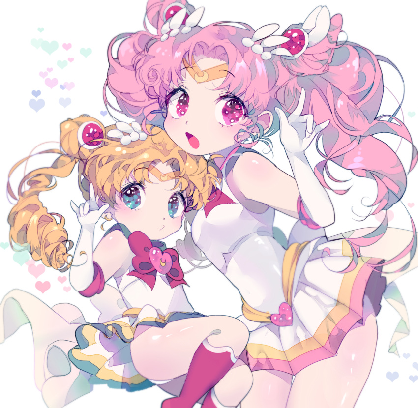 2girls, :o, \m/, age_switch, bishoujo_senshi_sailor_moon, blonde_hair, blue_eyes, boots