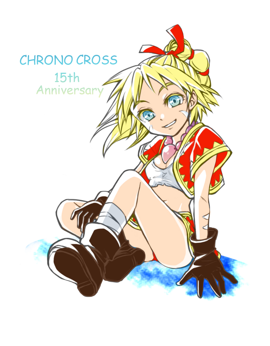1girl, blonde_hair, blue_eyes, braid, breasts, chrono_cross, gloves, jewelry, kid_(chrono_cross), kimita, long_hair, midriff, necklace, ponytail, skirt, smile, solo, vest