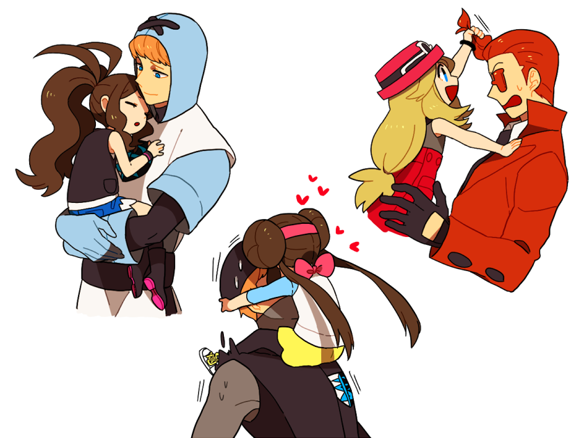 3boys, 3girls, :d, back, black_boots, blonde_hair, blue_eyes, blue_gloves