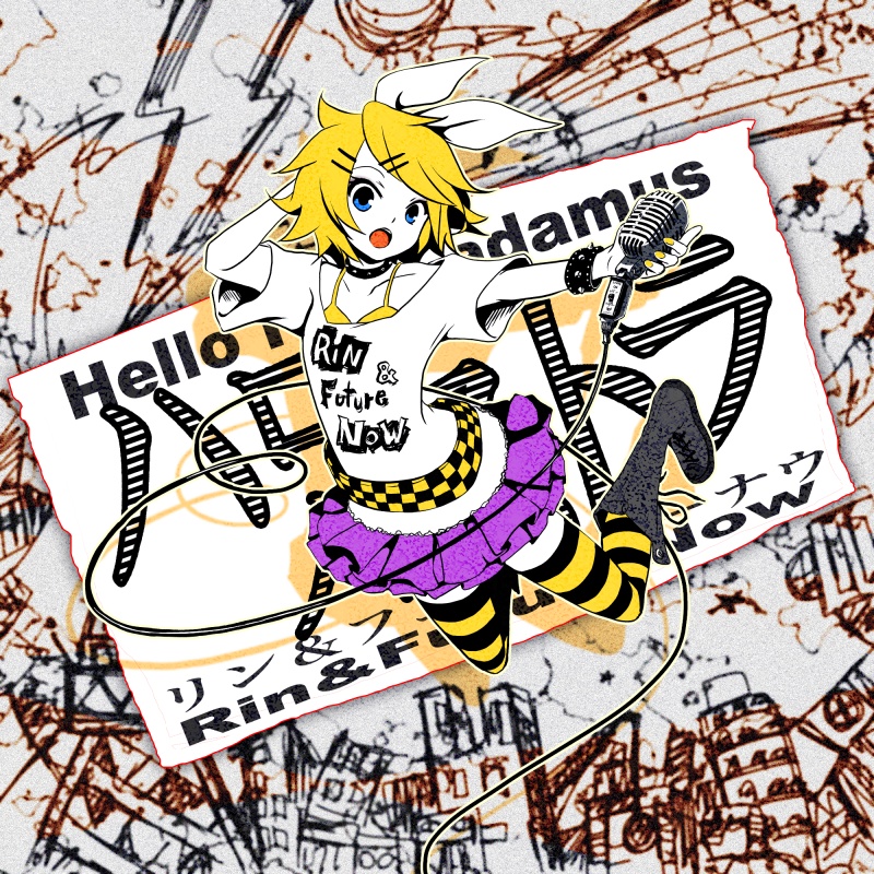 blue_eyes, boots, checkered, collar, fashion, hair_ornament, hair_ribbon, hairclip, hairpin, hello_nostradamus_(vocaloid), jumping, kagamine_rin, knee_boots, open_mouth, punk, punk_fashion, ribbon, short_hair, skirt, solo, spiked_collar, spikes, striped, striped_legwear, striped_thighhighs, thigh-highs, thighhighs, tom_(pixiv17343), tomsan, vocaloid, zettai_ryouiki