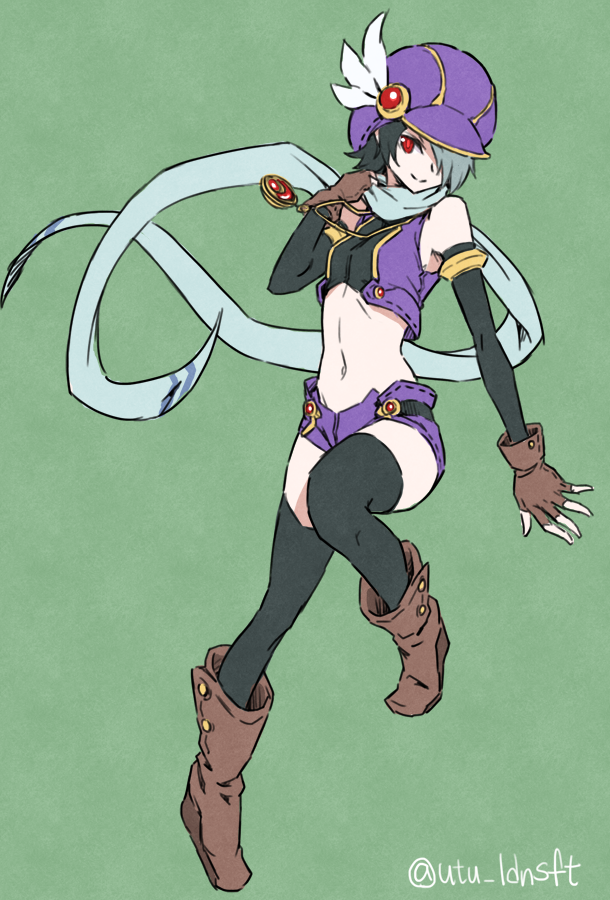 1girl, adjusting_scarf, arm_warmers, armlet, black_hair, black_legwear, boots, brown_boots