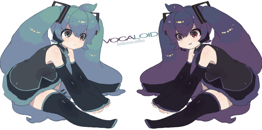 aqua_hair, bad_id, black_hair, detached_sleeves, dual_persona, hatsune_miku, long_hair, necktie